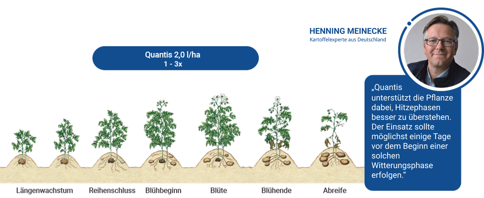 Quantis wird in Kartoffeln mit 2 l/ha bis zu 3 Mal kurz vor bevorstehenden Stressperioden eingesetzt.